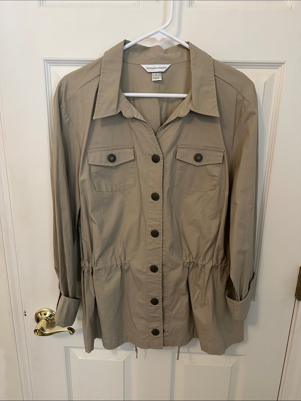 Khaki tunic length draw string utility jacket